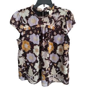 Christian Siriano NEW Black & Floral Gold Accent Chiffon Cap-Sleeve Blouse Large